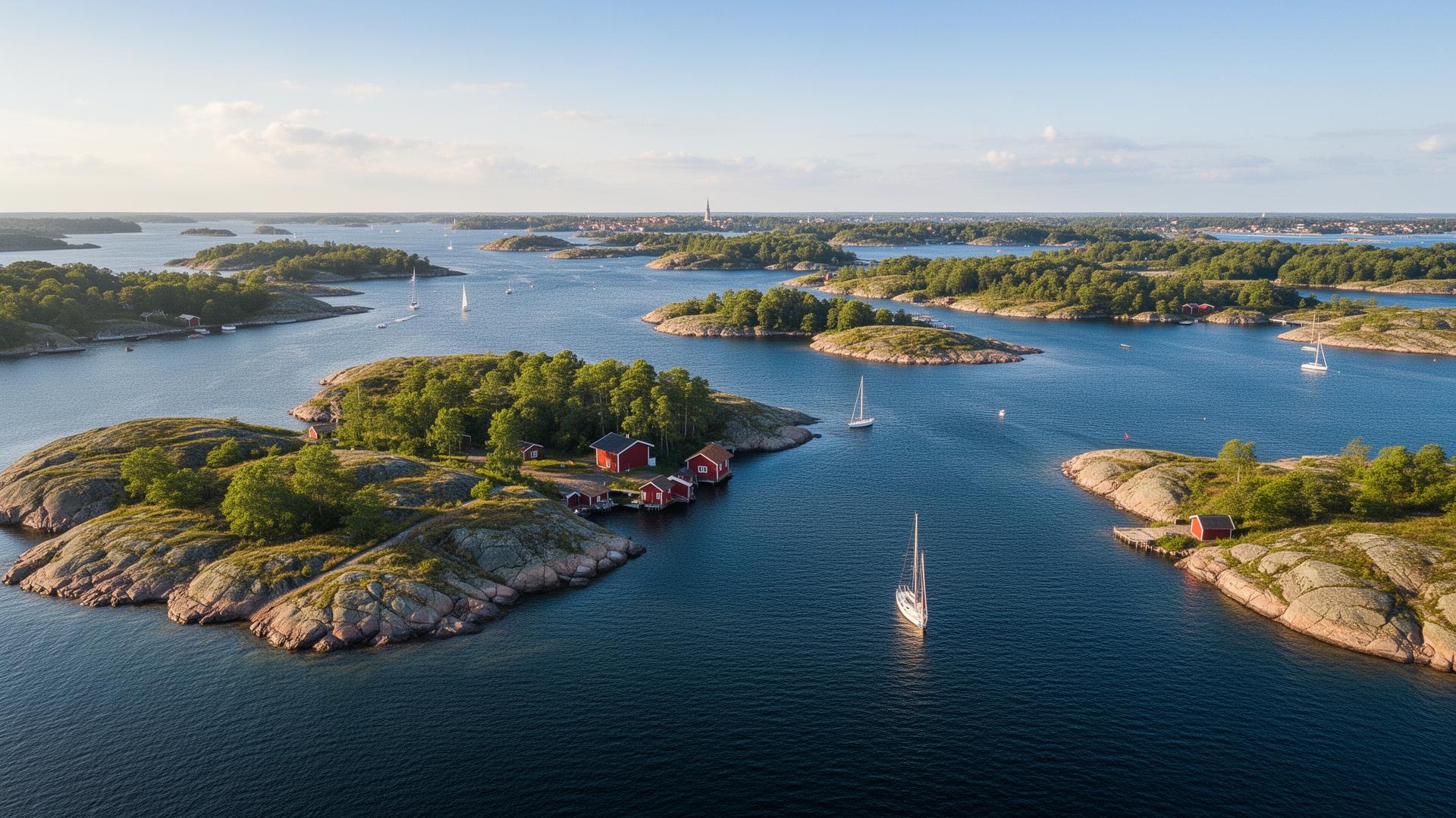 Karlskronas skärgård med öar, båtar och röda sjöbodar